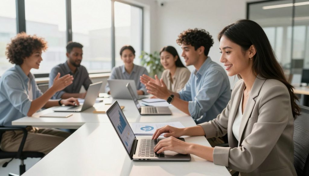 A dynamic and engaging office environment showcasing diverse individuals achieving success without a degree. In the foreground, a confident woman in a stylish business outfit works at a modern desk, using a laptop while analyzing financial charts. Beside her, a young man in casual yet professional attire engages in a video call, gesturing enthusiastically. In the middle ground, a group of diverse professionals collaborates around a conference table, deep in discussion, with laptops and notes scattered across. The background reveals large windows letting in natural light, casting an inspiring glow throughout the space. The atmosphere feels optimistic and empowering, emphasizing innovation and collaboration. The lighting is bright and warm, giving the scene a positive and motivating feel, inviting viewers to consider their own path to success.