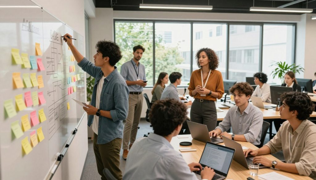 A dynamic office environment showcasing agile development practices. In the foreground, a diverse team of professionals, dressed in smart casual attire, collaborates around a large whiteboard filled with colorful Post-it notes and diagrams. The middle ground features a long table with laptops open, where team members are discussing ideas and actively engaged in brainstorming sessions. The background displays large windows letting in natural light, with greenery outside to reflect a positive atmosphere. The scene is captured with a warm, inviting tone, using a wide-angle lens for depth. The overall mood is energetic and collaborative, embodying the spirit of innovation and teamwork central to agile development.