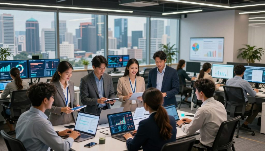 A vibrant and modern office environment illustrating the impact of Digital India on the economy. In the foreground, a diverse group of professionals, dressed in smart business attire, gather around a digital dashboard displaying analytics and growth metrics. The middle ground features innovative technologies like laptops, tablets, and digital interactive boards, symbolizing technological advancements. The background shows a skyline of a bustling Indian city, representing economic growth and transformation. Soft, focused lighting highlights the professionals' collaboration, creating a dynamic, optimistic atmosphere. A wide-angle lens captures the entire scene, emphasizing connectivity and progress, showcasing the shift towards digitization in business practices.